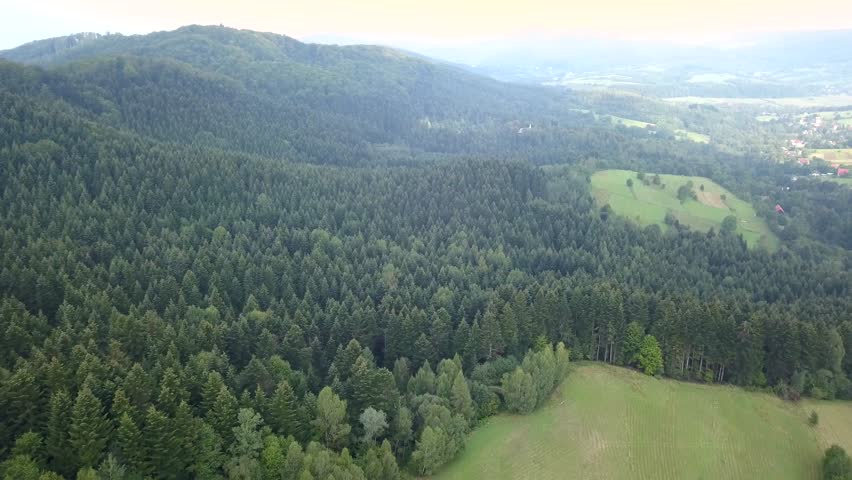 Beautiful aerial shot of green hills and valleys. Nature of Bieszczady Mountains seen from above.