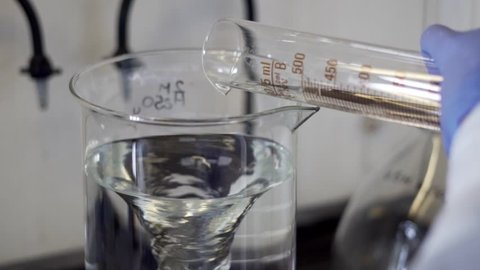 Slow Motion Dilution of Sulphuric Acid in Glass Beaker on Magnetic Stirrer Water Vortex