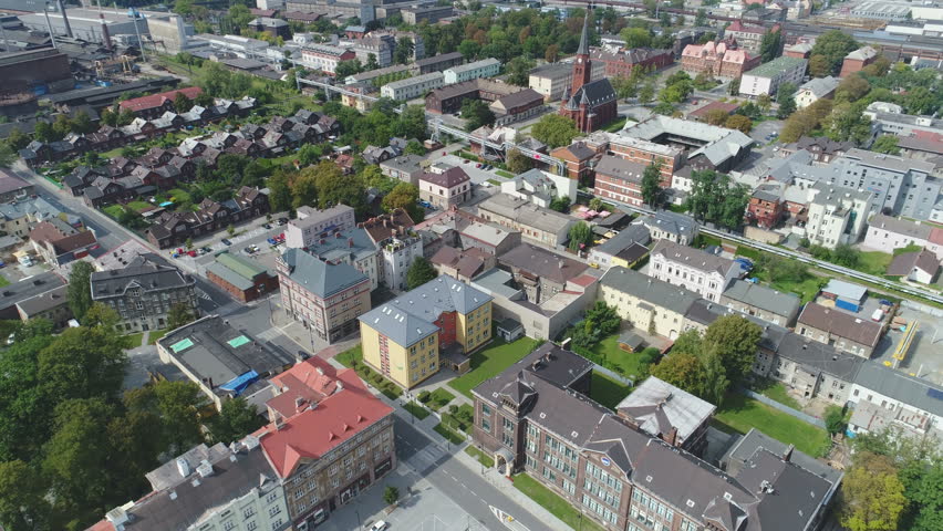 Drone flight over homes and church in Ostrava, Czech Republic
