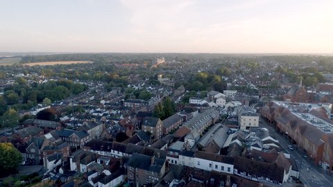 The English City of St Albans at Sunrise Aerial View of the City and Cathedral 