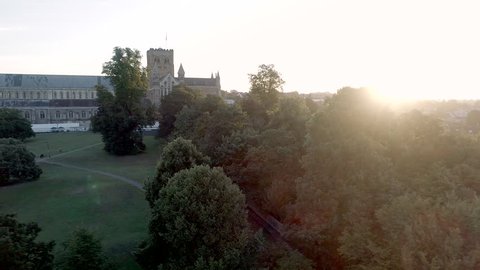 The English City of St Albans at Sunrise Aerial View of the City and Cathedral 