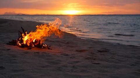 Blazing campfire on the beach during summer evening. Bonfire in nature as background. Burning wood on white sand shore at sunset. selective focus. tropical romantic landscape near sea water edge.