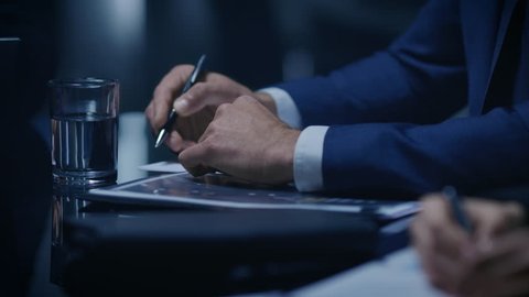 Chairman of the Board of Directors Gives Orders to His Subordinates on a Weekly Meeting. Politician Talks with His Advisors in the Situation Room. Shot on RED EPIC-W 8K Helium Cinema Camera.