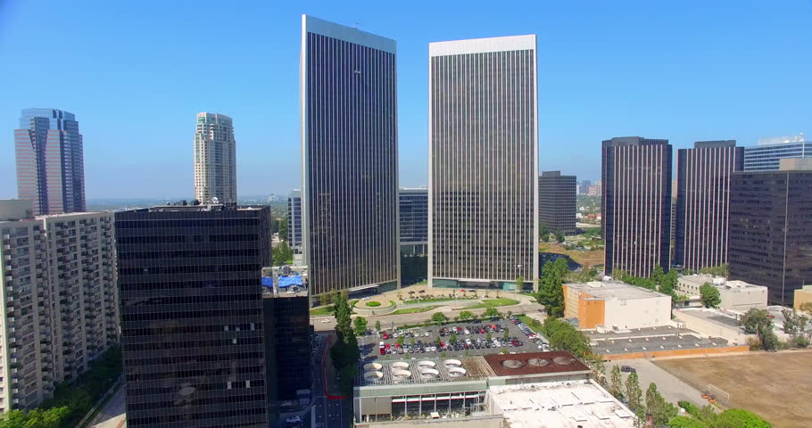 Aerial view of Century City skyline and skyscrapers in Los Angeles, California, 4K