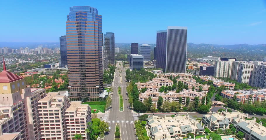 Aerial view of Century City skyline and business towers skyscrapers in Los Angeles, California, 4K