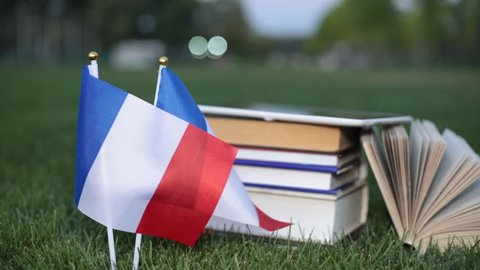 French language and education. Flag of France and books on the grass.