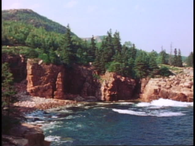 ACADIA NATIONAL PARK, MAINE, 1978, Rocky cliff and cove, sea and surf, pines