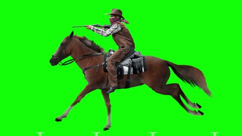 Cowboy with a gun on horseback. Rider galloping on a brown horse. Animation is isolated and cyclic. Green Screen
