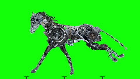 Metal horse is running. The robot is made of auto parts and represents the horsepower of the car. Character in the style of steampunk post-apocalypse. Green Screen