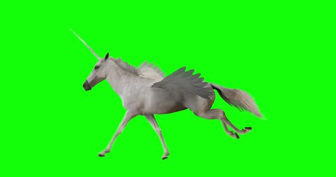 Pegasus and winged Unicorn running on a transparent background. The first running horse with horn, and the second without horn. Isolated and cyclic animation. Seamless loop. Green Screen