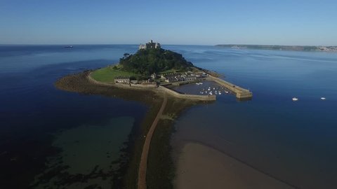 Drone Shot of St Michael's Mount, Cornwall tracking over the path leading to the mount.