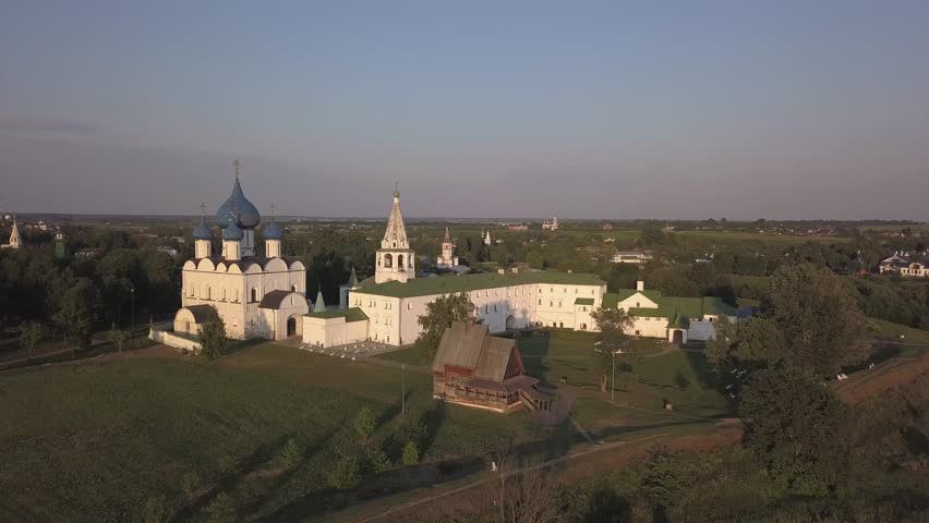 Flight over the architectural ensemble of Suzdal Kremlin with Cathedral of the Nativity of the Virgin