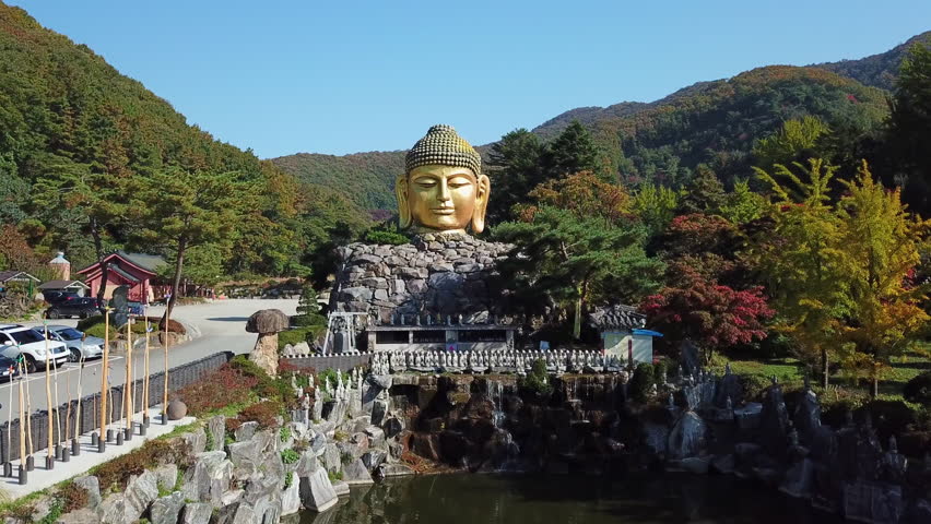 Aerial view Autumn of Statue of Buddha in Wawoo Temple, Yong-in. Seoul, Korea