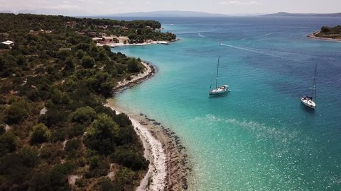 Beautiful aerial view of Croatian Islands. Split area. Boats and Adriatic sea