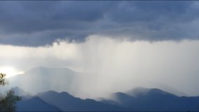Storm rain is falling down in mountain range at sunset in tropical rainforest,hd  video. 
Raining in mountain .There is light and hope at the end of the tunnel,positive thinking concept.

