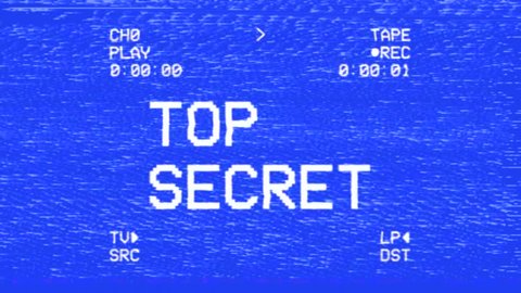 An old damaged VHS tape tracking a bad signal coming from a double deck, with the text Top Secret. Cool retro vintage background for modern videos.
