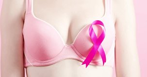 woman show pink ribbon with prevention breast cancer concept