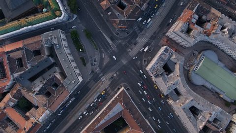 Birds eye view of downtown Budapest in sunset - aerial video taken by a drone