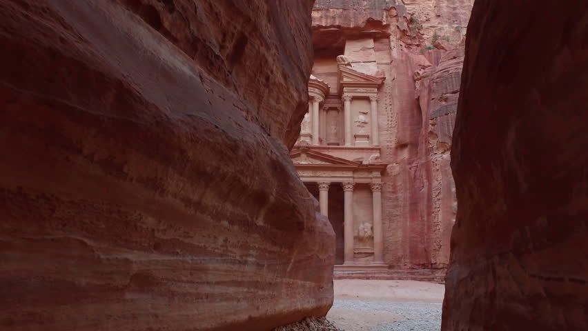 Petra - ancient city, view of Treasury from As Siq gorge. Jordan. Royalty-Free Stock Footage #1015467943