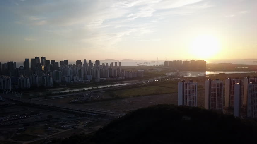 Aerial view of Sunset at Incheon Bridge,Seoul,South Korea