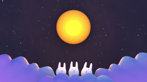 Chinese Mid Autumn Festival animation. Cute rabbits under big full moon.