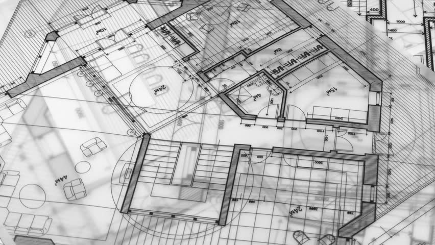 Blueprints: architectural drawings - architectural plan of a modern house / smoothly rotate / seamless looping | Shutterstock HD Video #1015484509