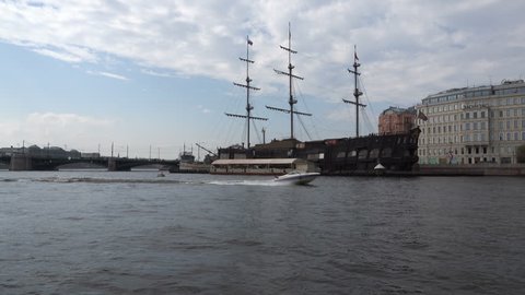 Russia, May 2, 2018 Petersburg wooden ship Flying Dutchman in the water area of the Neva River