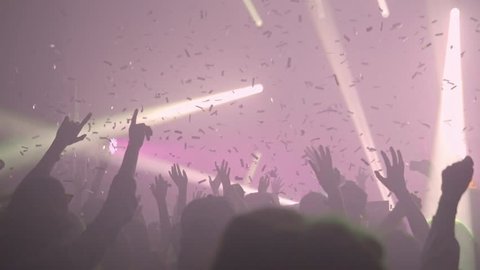 A crowd of people dancing at a music festival. A party in the big hall