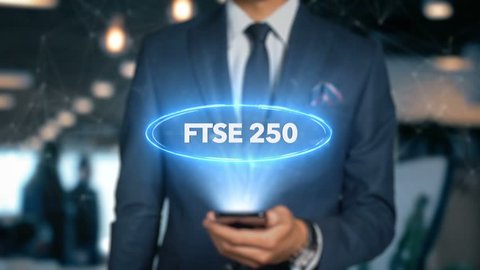 Businessman With Mobile Phone Opens Hologram HUD Interface and Touches Word - FTSE 250
