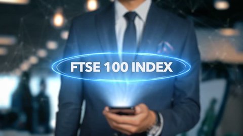 Businessman With Mobile Phone Opens Hologram HUD Interface and Touches Word - FTSE 100 INDEX