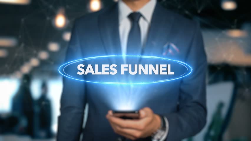 Businessman With Mobile Phone Opens Hologram HUD Interface and Touches Word - SALES FUNNEL