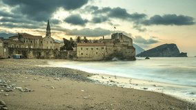 Budva Skyline view at morning view of budva old town and sea timelapse video.