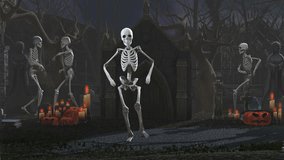 Seamless animation of skeletons dancing salsa in a cemetery at night. Funny halloween background.