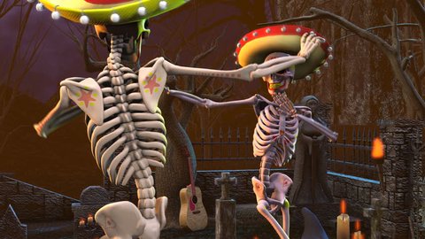 Seamless animation mexican sugar skeletons dancing samba in a graveyard. Funny Halloween 4K background.