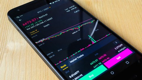 Bitcoin cryptocurrency price chart on digital exchange on mobile phone screen, business finance trading cryptocurrency concept