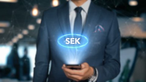 Businessman With Mobile Phone Opens Hologram HUD Interface and Touches Word - SEK
