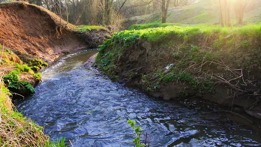 A calm flow of the Ramenka rivulet. Energizing spring sunlight awakens nature.