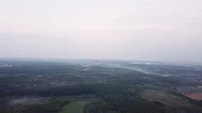 4k AERIAL: flight over misty forest in Poland.