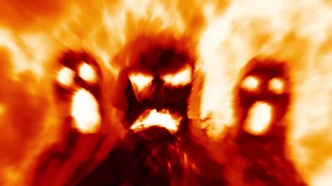 Scary burning monsters shadows. Cruel ghosts attack. Digital 2D Halloween animation. Horror fantasy genre. Evil devil head. Suspense movie. Spooky animated Vj loop video clip. Orange color background.