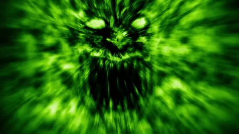 Angry demon face screams in fire. Animation in genre of horror. Green color.