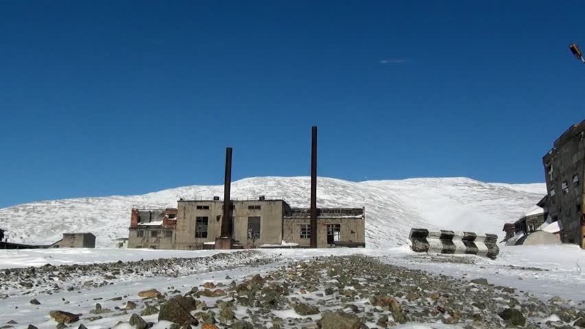 Abandoned factory of underground military base ghost town of Gudym Anadyr-1. Ruined buildings on Chukotka of far north of Russia. Unique place for stalkers.