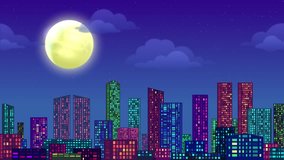 Fullhd 1920x1080 Progressive Seamlessly Looping Video of Fast Passing by Night City, Urban Landscape with Skyscrapers Under Starry Sky with Great Bright Moon. Animated Background
