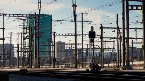sunny day zurich city train station railroad panorama 4k timelapse switzerland