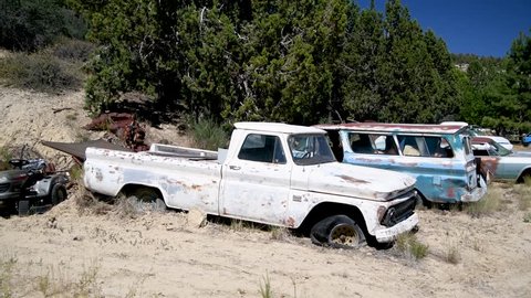 UTAH, USA - JUNE 2018: Old cars in a abandoned parking. There are many vintage car parks in Utah region.