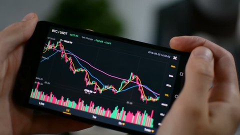 Businessman is analysing and predicting Bitcoin price chart on digital exchange on mobile phone screen, cryptocurrency future price action prediction concept