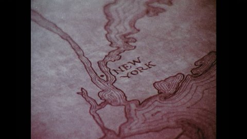 1970s: Hand drawn map of Hudson River valley on table. Map of river near New York City. Montreal on map. Saratoga and Albany on hand-drawn map.