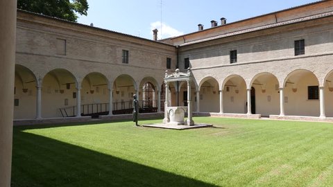 RAVENNA, ITALY 2018 AUGUST 03: Tourists visit the ancient Franciscan Cloisters or Franciscan Cloisters in Ravenna, where the Dante Museum is located.