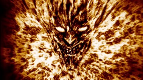 Angry demon face screams in fire. Digital 2D animation. Horror fantasy genre. Evil burning devil head. Suspense movie. Spooky animated Vj loop video clip. Cruel ghost attack. Orange color background.