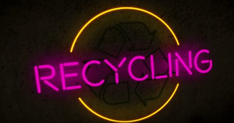 Recycling neon symbol animation. 3D flight over electric lettering on wall background. 