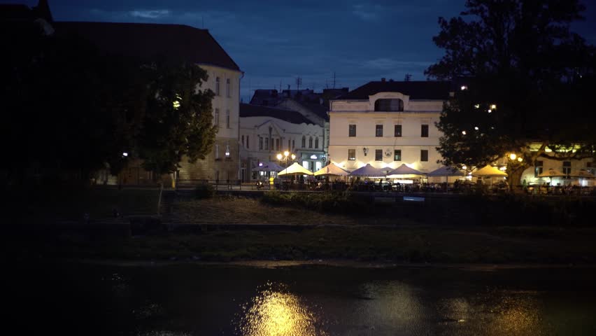 Night Uzhgorod. View to Korzo street. Beautifull night Illumination, 4k